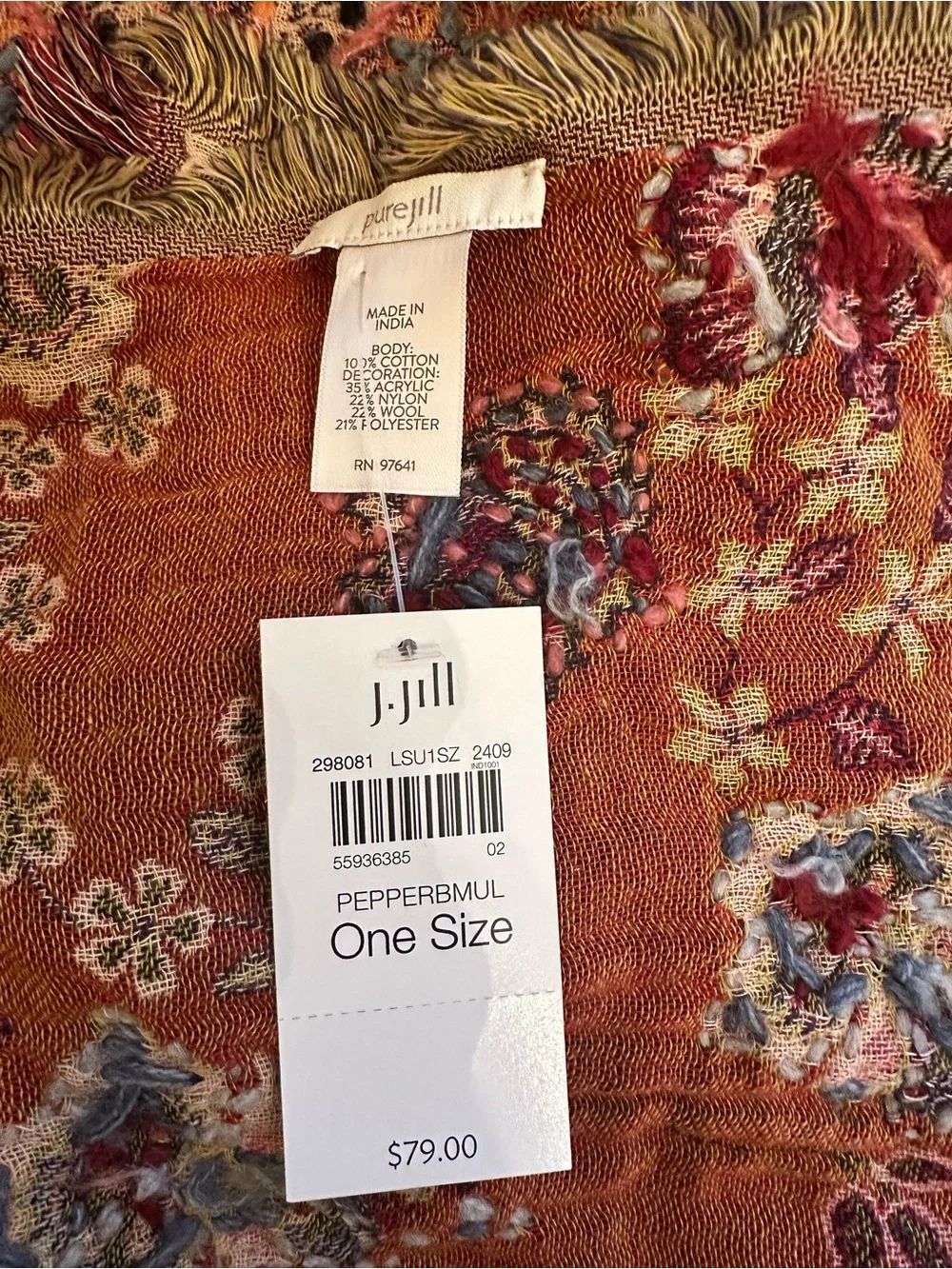 J. Jill Floral Fringe Scarf in multi colored Embroidered 100% woven cotton NWT